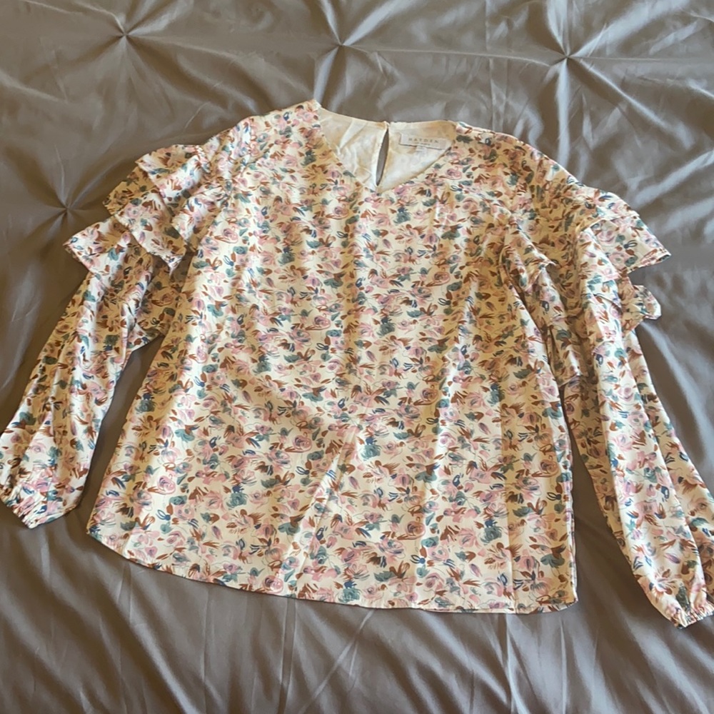 Hayden | Floral Ruffle Long Sleeve Cream, Pink, & Teal Blouse | Size Small